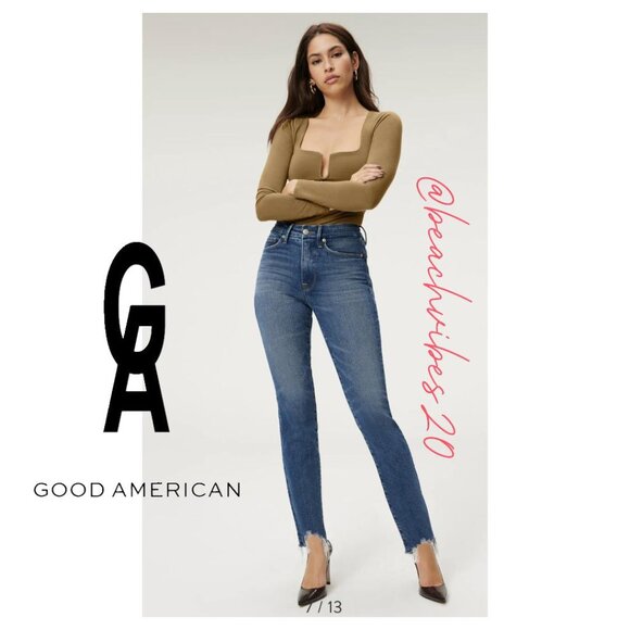 *GOOD AMERICAN Good Legs High Waist Chew Hem Ankle Cigarette Jeans BLUE842 O-27 - Picture 1 of 15